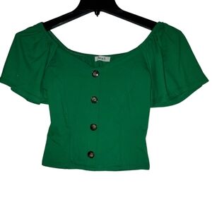 Green Flutter sleeve Desing Button front V neckline Stretchy & soft fabric S